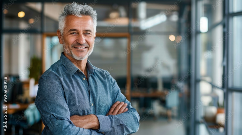 Smiling handsome businessman with crossed arms in modern office, middle-aged gray-haired man exuding confidence, business success concept. Smiling handsome businessman with crossed arms in modern office, middle-aged gray-haired man exuding confidence, business success concept.