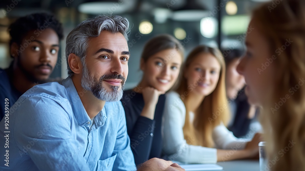 Group of businesspeople in a brainstorming session, with a male leader facilitating the discussion Group of businesspeople in a brainstorming session, with a male leader facilitating the discussion