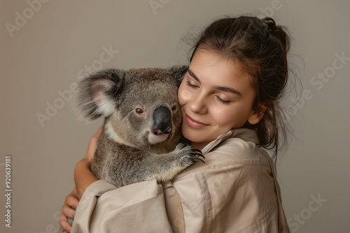 A young woman with brown hair holds a koala in her arms, looking down with a smile on her face.