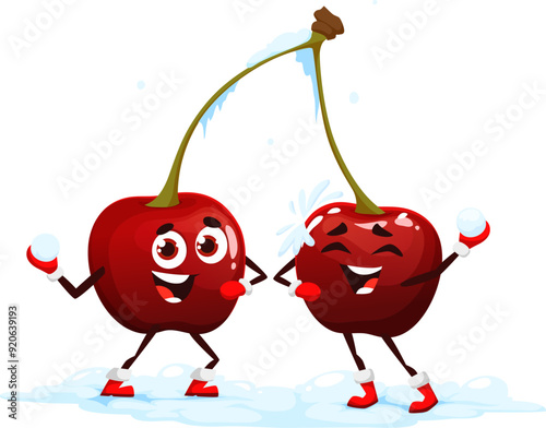 Cartoon Christmas cherry berry characters engage in winter outdoors fun. Isolated vector cheerful personages playing a lively snowball fight, laughing amid snowy joy, at wintertime serene landscape