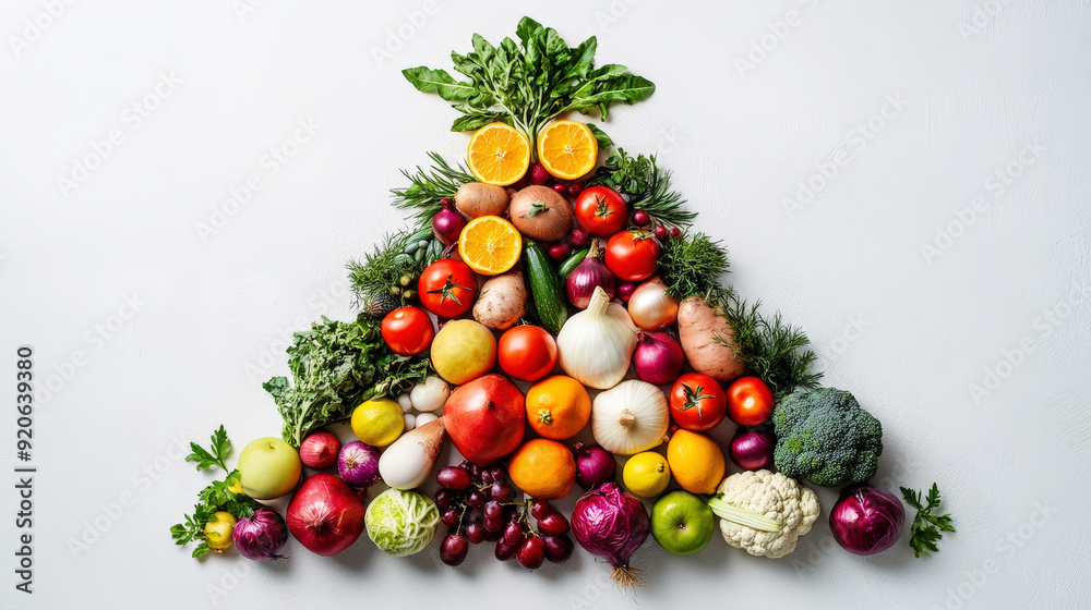 Variety of vegetables and fruits in triangle shape like a Christmas tree, light background, copy space. Generative AI Variety of vegetables and fruits in triangle shape like a Christmas tree, light background, copy space. Generative AI
