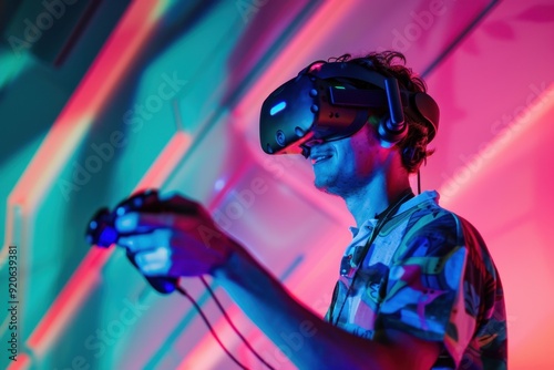 A gamer actively playing a VR game, surrounded by a vibrant gaming environment, action shots, colorful dynamic lighting. Horizontal