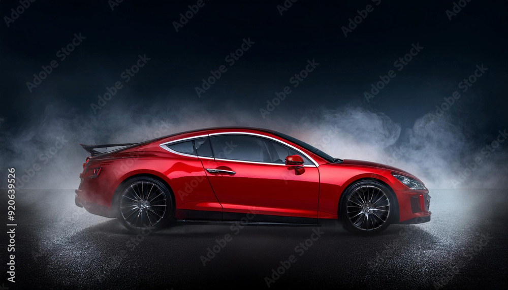 red luxury car on dark background with mist or fog red luxury car on dark background with mist or fog