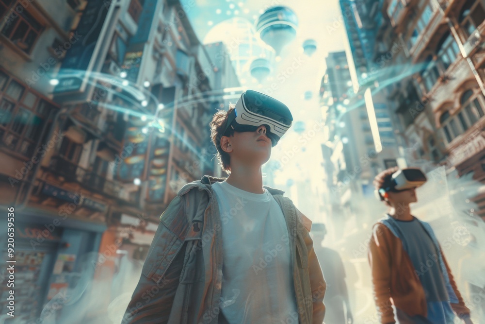 Obraz premium Two boys wearing virtual reality glasses walk against a backdrop of skyscrapers