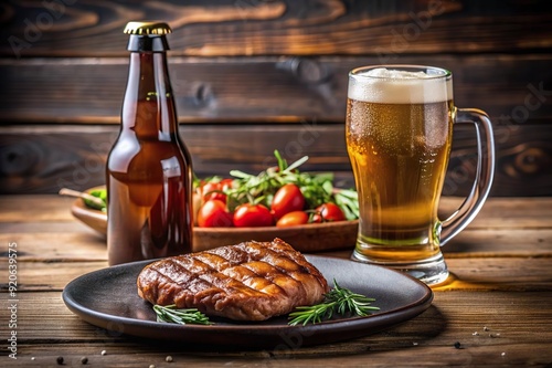 beer bottle and cup on table with delicious grilled meat