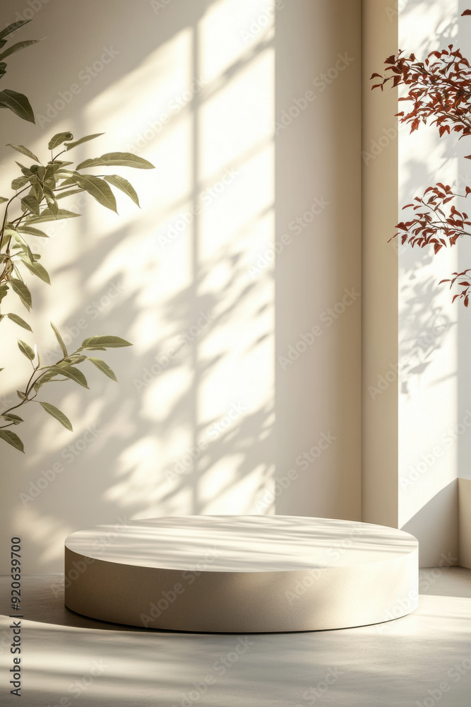 Stylize product placement backdrop, A blank mockup podium with neutral colors, set against a minimalist backdrop featuring soft shadows and gentle lighting, ideal for presentations Stylize product placement backdrop, A blank mockup podium with neutral colors, set against a minimalist backdrop featuring soft shadows and gentle lighting, ideal for presentations