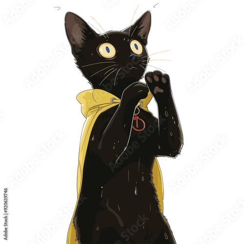 Cute black cat wearing a yellow hoodie, gazing upward.
