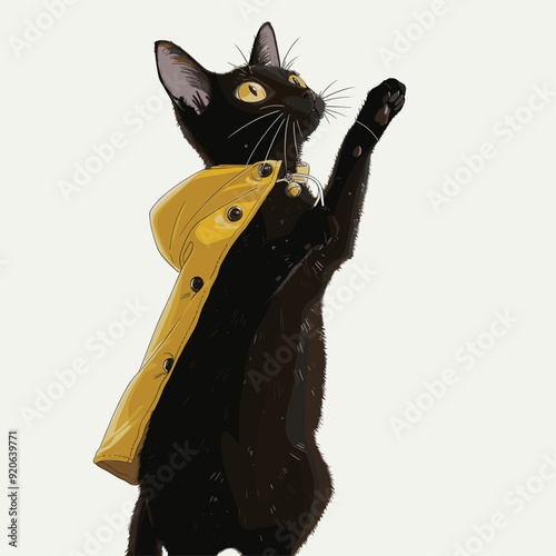 Cute black cat wearing a yellow hoodie, gazing upward.
