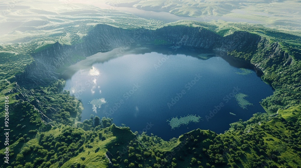 Aerial view of a caldera lake formed in an extinct volcano, showing its unique ecosystem Aerial view of a caldera lake formed in an extinct volcano, showing its unique ecosystem