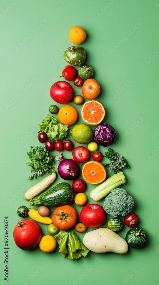 Variety of vegetables and fruits in triangle shape like a Christmas tree, green background, copy space. Generative AI Variety of vegetables and fruits in triangle shape like a Christmas tree, green background, copy space. Generative AI