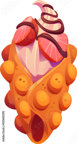 Cartoon Hong Kong bubble waffle fast food meal. Isolated vector ice cream with chocolate topping and strawberry. Delicious icecream in crispy pimpled wafer cup, sweet food, tasty street food dessert