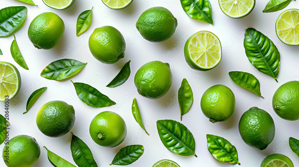 lime fruits, a scattered arrangement of lime fruits and lime leaves on a pure white background lime fruits, a scattered arrangement of lime fruits and lime leaves on a pure white background
