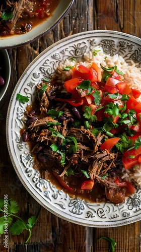 Close up. Ropa vieja, typical Canarian dish of chickpeas stew on earthenware casserole on wooden table. AI generated illustration photo