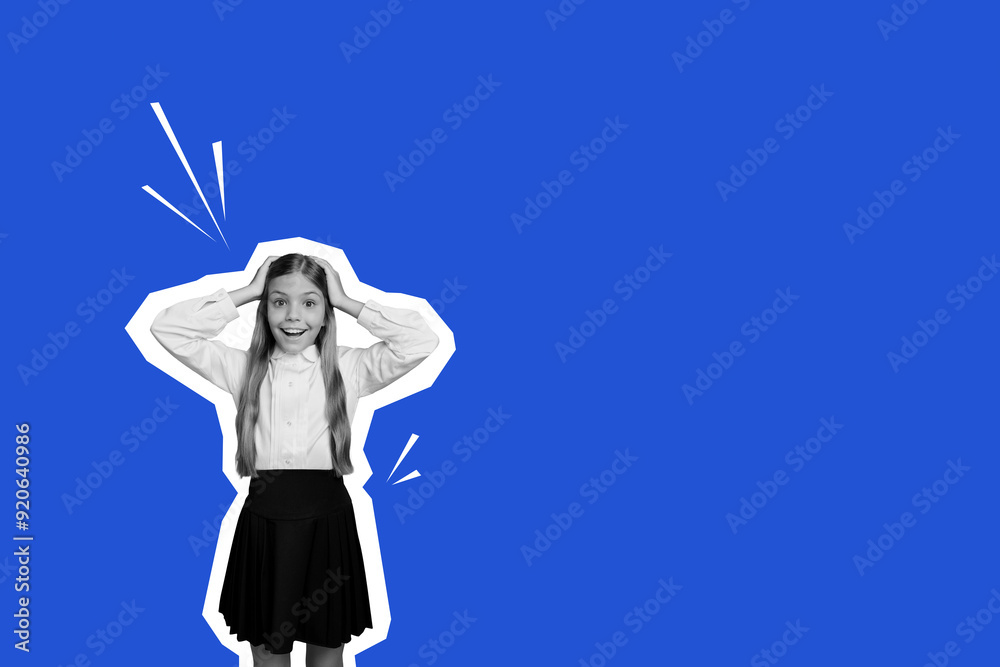 Fototapeta premium Composite photo collage of happy schoolgirl hold head idea finding back learn education study classroom isolated on painted background