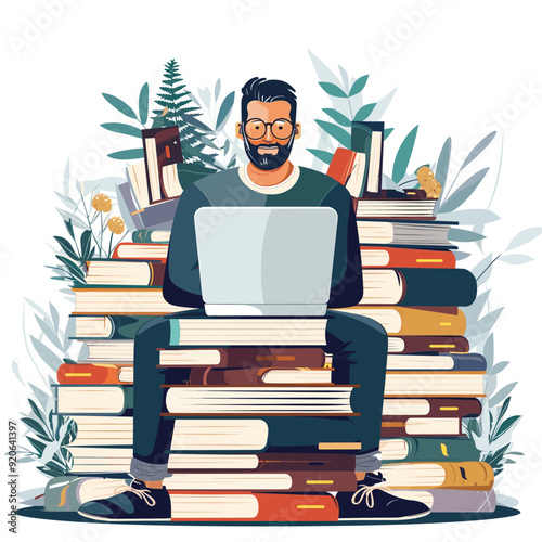 Bearded man working on laptop surrounded by stacked books, flat vector art.
