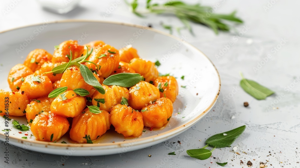 Delicious Homemade Gnocchi with Fresh Sage and Parmesan Cheese on a White Plate, Garnished with Herbs and Spices, Perfect for Italian Cuisine Lovers and Food Photography Enthusiasts