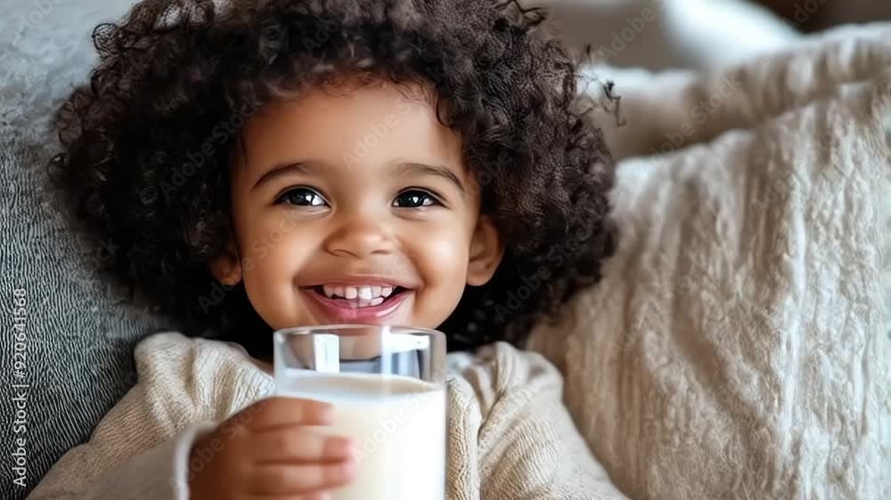 adorable african american toddler with big curly hair smiling and holding a glass of milk