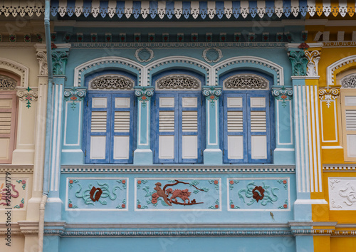 Colorful heritage shophouses windows, Central Region, Singapore, Singapore photo