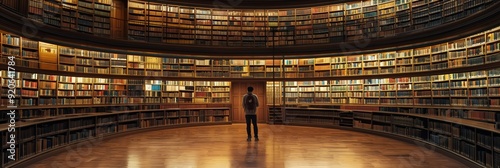 A person stands at the center of a large, circular library, surrounded by towering shelves filled with books, exuding knowledge and contemplation. photo