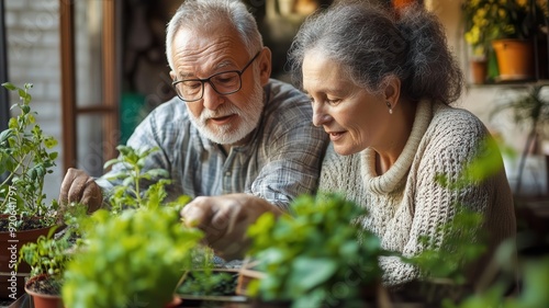 Wallpaper Mural An elderly couple enjoying gardening together, surrounded by various plants in pots. A moment of connection and tranquility. Torontodigital.ca