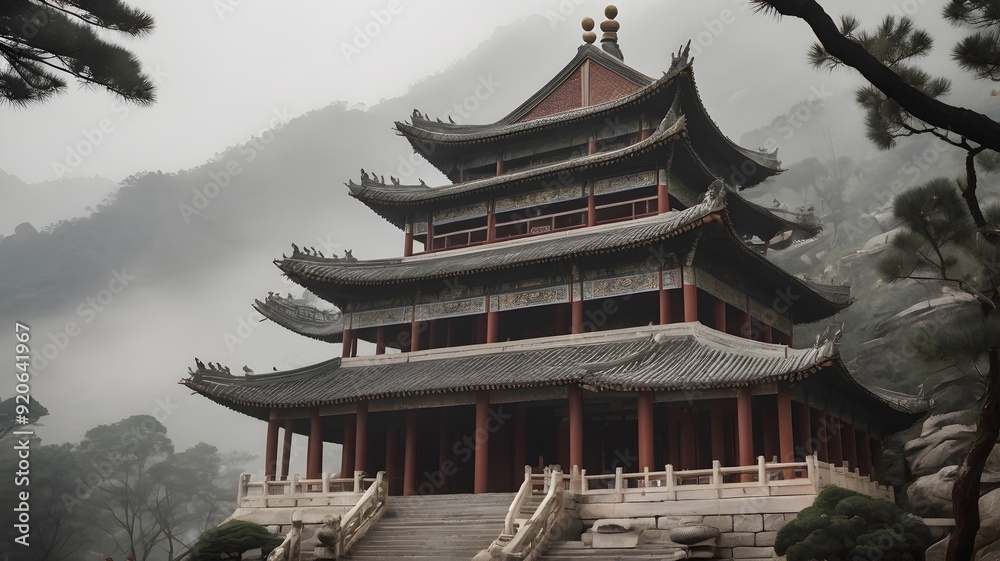 A close-up of a traditional Chinese temple in the mountains with fog
A close-up of a traditional Chinese temple in the mountains with fog