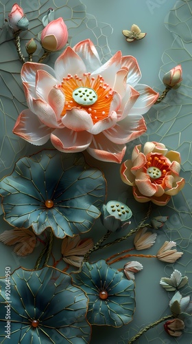 Embroidery lotus pattern illustration poster background decorative painting