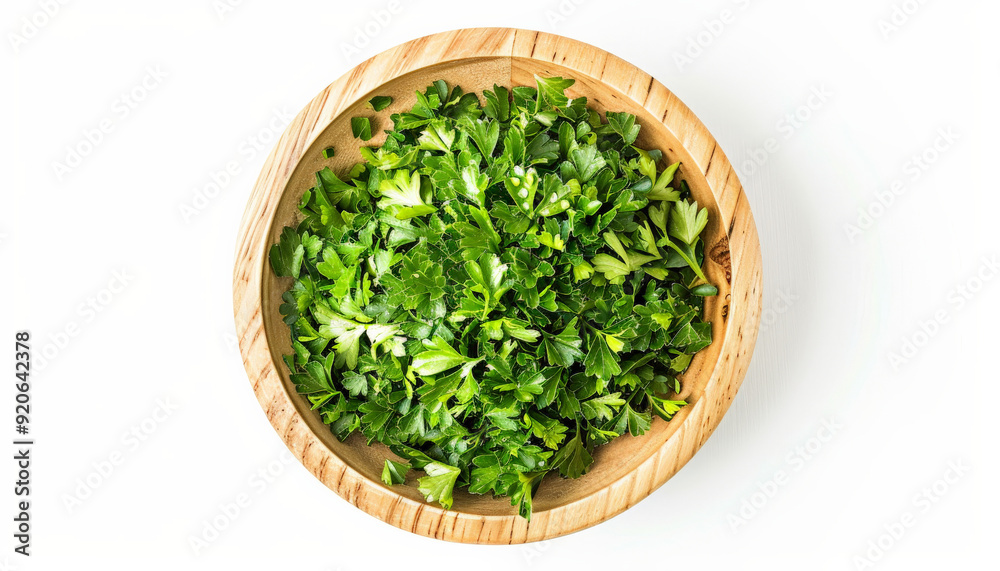 Parsley Leaves in Wooden Bowl, Isolated on White Parsley Leaves in Wooden Bowl, Isolated on White