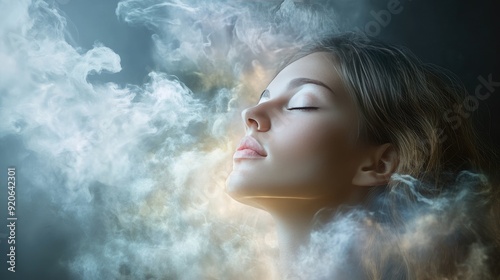 Dreaming woman surrounded by a gentle aura, symbolizing the connection between restful sleep, mindfulness, and spirituality