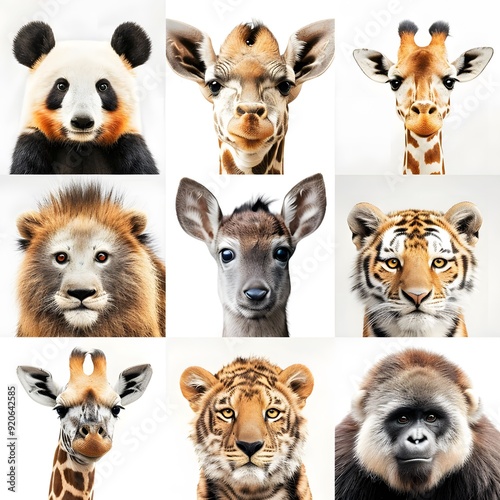 Forest Animal Collection with Tiger, Lion, Elephant, Mouse, Deer, Black Bear, Giraffe, and Squirrel, Diverse Wildlife in Natural Habitat, Playful Illustration of Animals Coexisting in a Lush Green Env photo