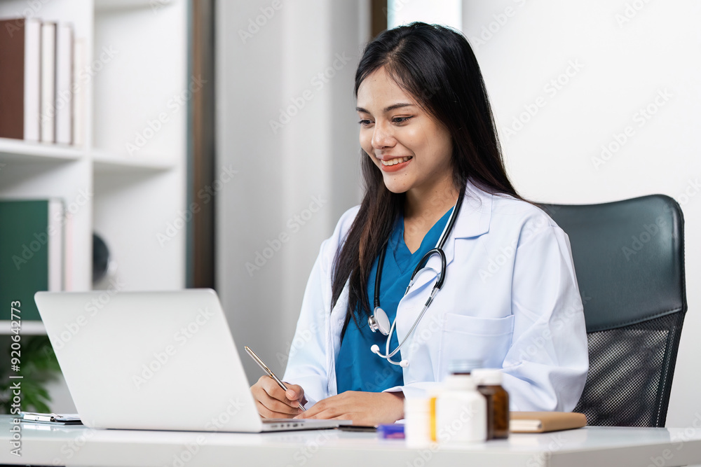 Young Female Doctor Working on Laptop in Modern Medical Office with Stethoscope and Medical Supplies Young Female Doctor Working on Laptop in Modern Medical Office with Stethoscope and Medical Supplies