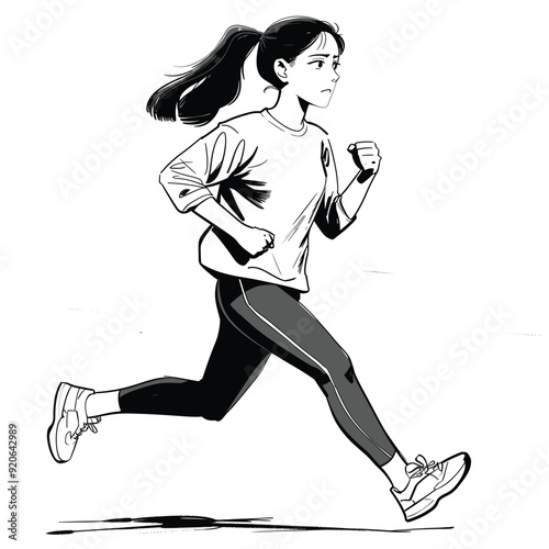 Young woman running with flowing hair, monochrome drawing.
