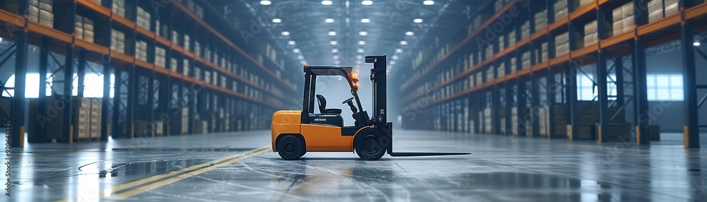 Modern Warehouse Interior with Orange Forklift and High Shelves Filled with Boxes Modern Warehouse Interior with Orange Forklift and High Shelves Filled with Boxes