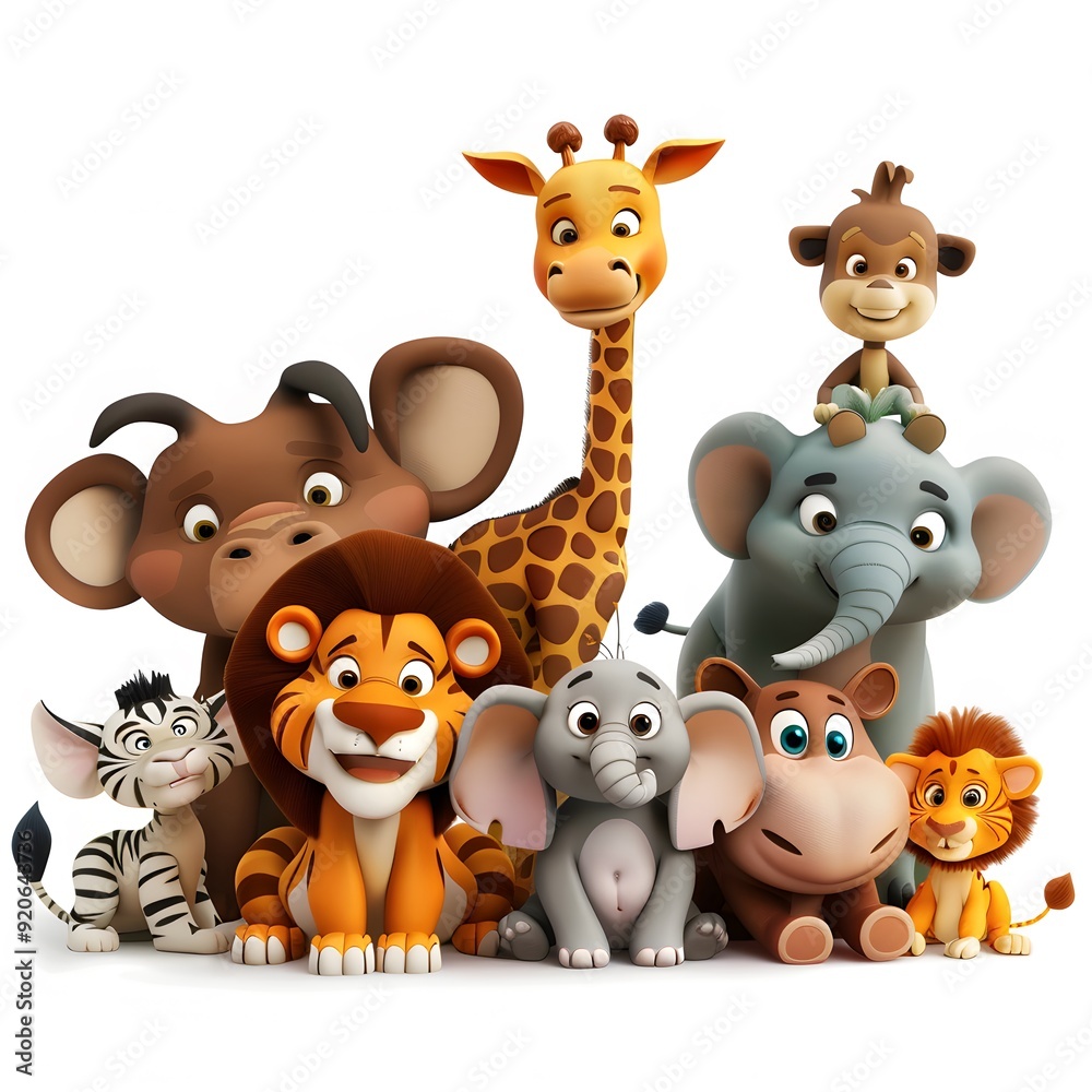 Naklejka premium Forest Animal Collection with Tiger, Lion, Elephant, Mouse, Deer, Black Bear, Giraffe, and Squirrel, Diverse Wildlife in Natural Habitat, Playful Illustration of Animals Coexisting in a Lush Green Env