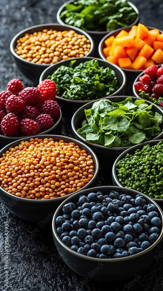 A rainbow of healthy ingredients including berries, lentils, and greens, artistically arranged in bowls on a dark, textured surface, symbolizing balanced and vibrant nutrition A rainbow of healthy ingredients including berries, lentils, and greens, artistically arranged in bowls on a dark, textured surface, symbolizing balanced and vibrant nutrition