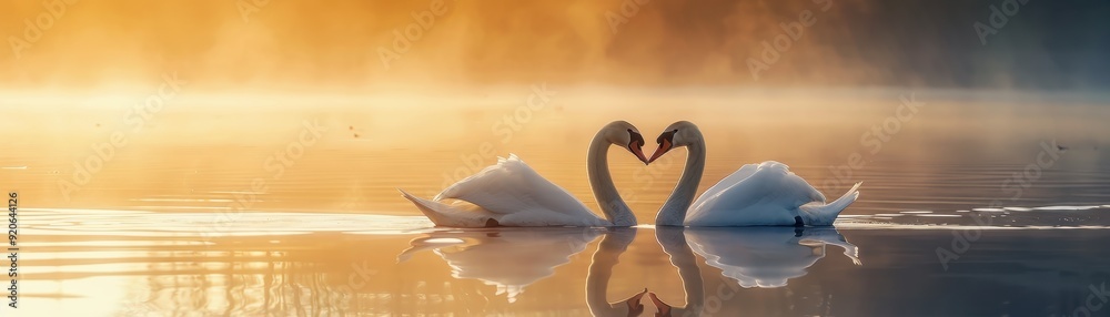 Romantic Sunrise with Two Swans Forming a Heart Shape on a Misty Lake Romantic Sunrise with Two Swans Forming a Heart Shape on a Misty Lake