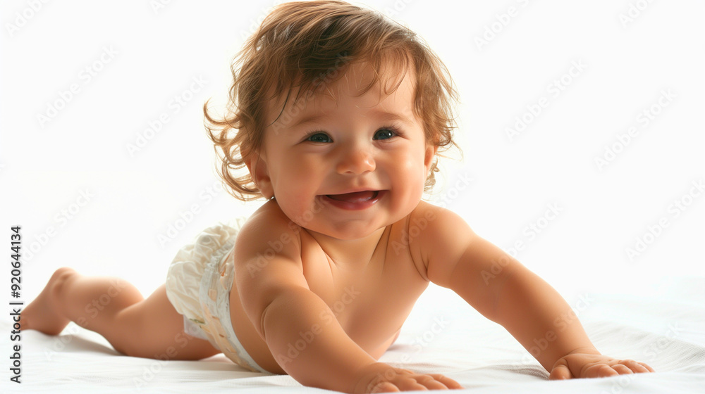isolated smiling baby child; brunette happy, healthy toddler in diaper laying on belly and looking up; white background; isolated smiling baby child; brunette happy, healthy toddler in diaper laying on belly and looking up; white background;