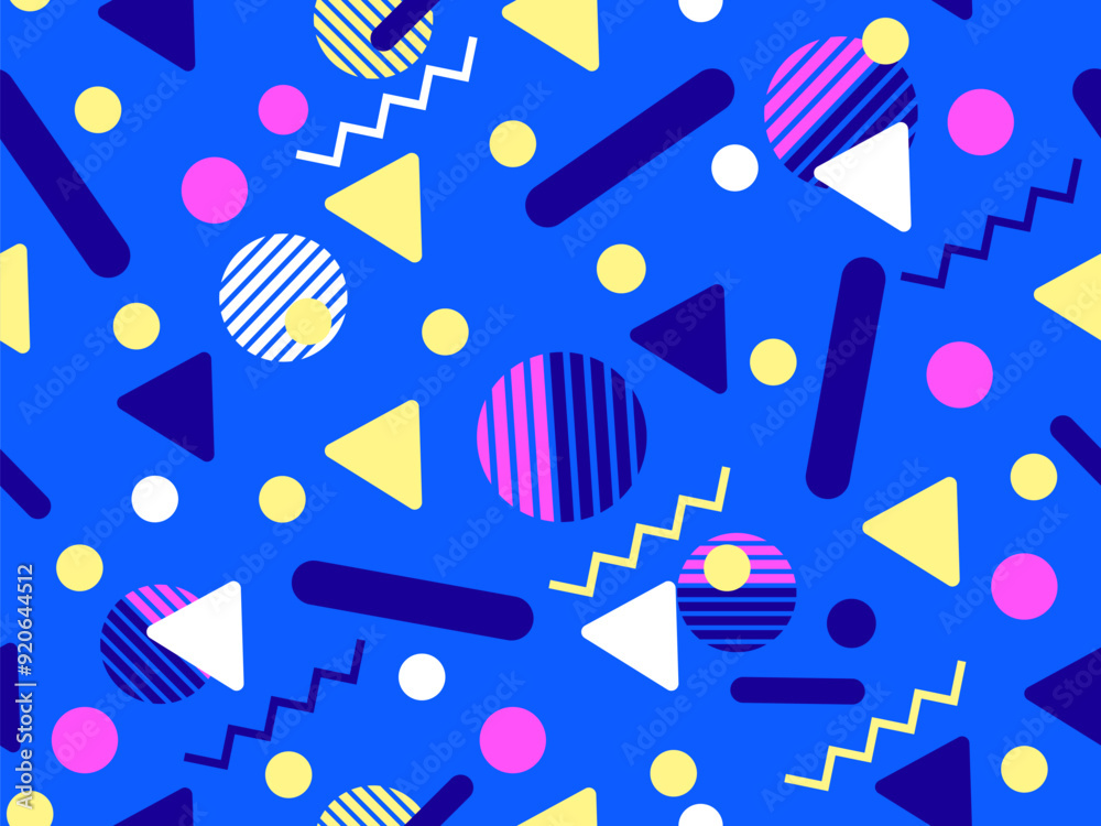 Geometric seamless pattern with memphis elements in 80s style. Colorful geometric pattern. Design of promotional products, wrapping paper and printing. Vector illustration Geometric seamless pattern with memphis elements in 80s style. Colorful geometric pattern. Design of promotional products, wrapping paper and printing. Vector illustration