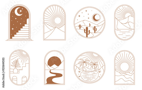 Boho window and desert icons with sun, moon and stars, palms and sea, vector line frames. Boho arches with line mountains, cactus and ladder stairs or river valley in summer night sunset or sun beams