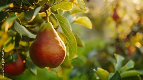 A red pear hanging from a tree in the sunlight