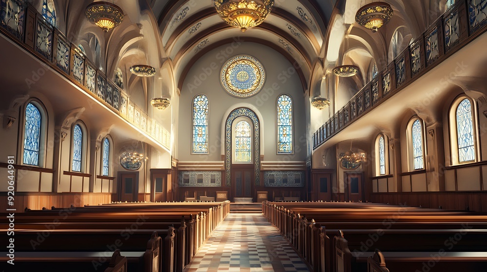 Fototapeta premium Sunlight Streaming Through Stained Glass Windows in a Church