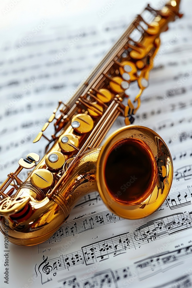 Fototapeta premium Golden Saxophone on Music Sheet