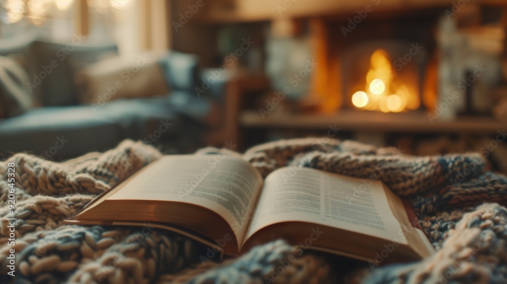 Obraz premium Cozy Open Book on Knitted Blanket by Fireplace in Warm, Inviting Living Room Setting with Soft Focus and Ambient Lighting