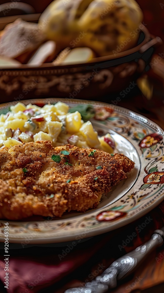 Breaded wiener schnitzel with potato fries and sauce on wooden table. Close up vuew. AI generated illustration Breaded wiener schnitzel with potato fries and sauce on wooden table. Close up vuew. AI generated illustration