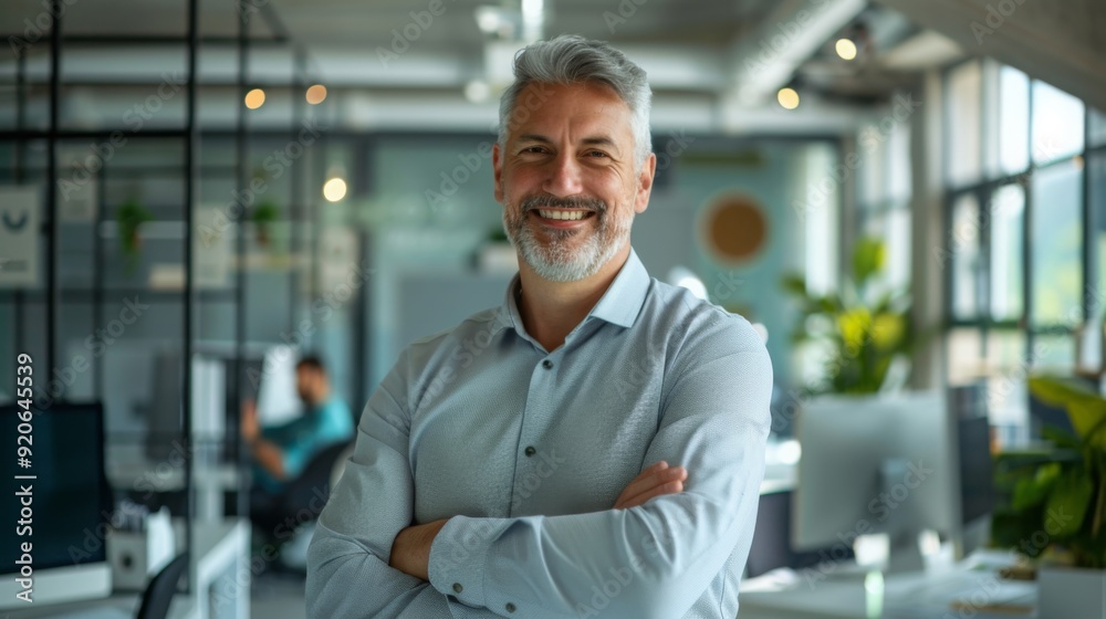 Smiling handsome businessman with crossed arms in modern office, middle-aged gray-haired man exuding confidence, business success concept. Smiling handsome businessman with crossed arms in modern office, middle-aged gray-haired man exuding confidence, business success concept.
