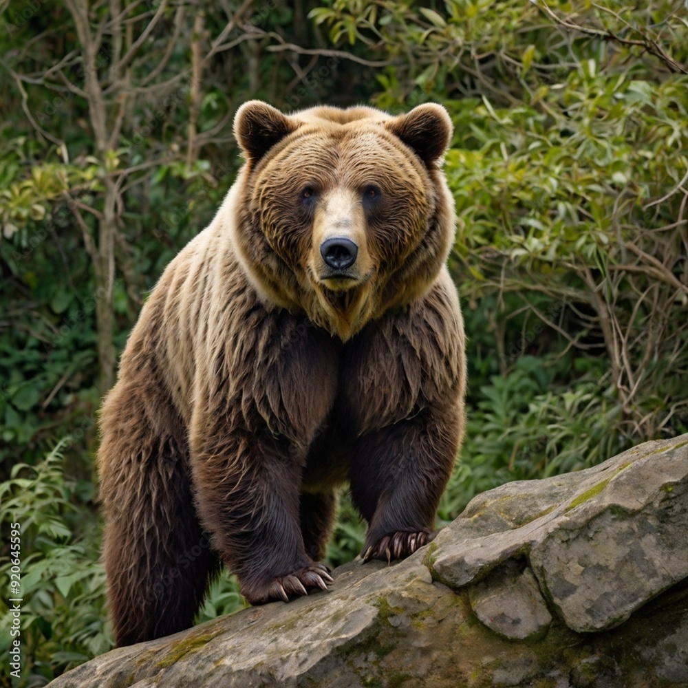 Big brown bear standing on a rock in a deep forest free stock image photo generated Ai Big brown bear standing on a rock in a deep forest free stock image photo generated Ai