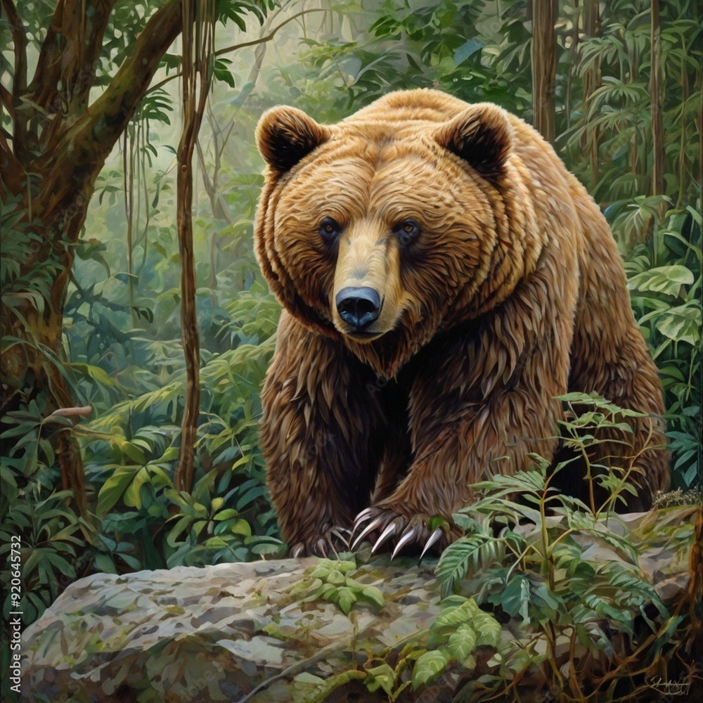 Big brown bear standing on a rock in a deep forest free stock image photo generated Ai Big brown bear standing on a rock in a deep forest free stock image photo generated Ai