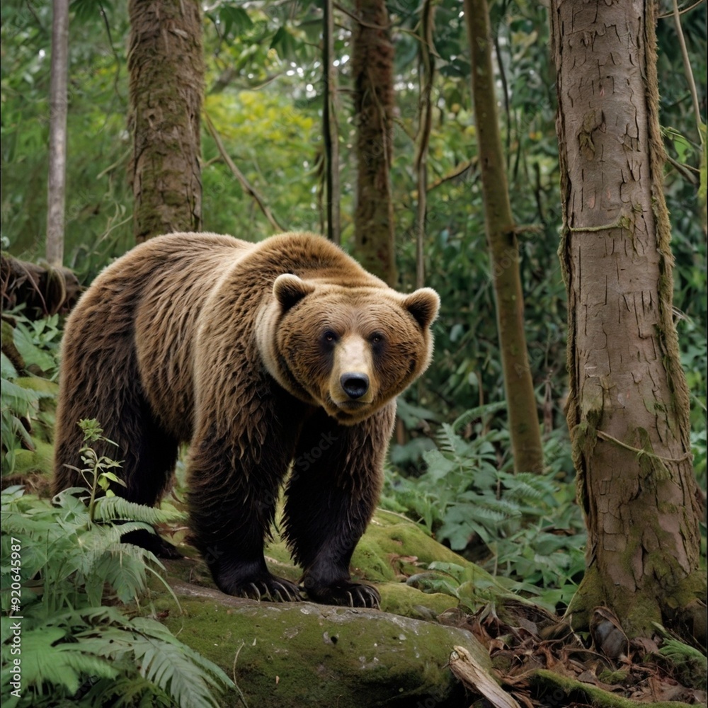 Big brown bear standing on a rock in a deep forest free stock image photo generated Ai Big brown bear standing on a rock in a deep forest free stock image photo generated Ai
