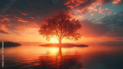 A lone tree silhouetted against a fiery sunset on a desert landscape.