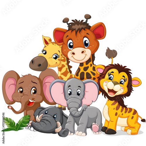 Forest Animal Collection with Tiger, Lion, Elephant, Mouse, Deer, Black Bear, Giraffe, and Squirrel, Diverse Wildlife in Natural Habitat, Playful Illustration of Animals Coexisting in a Lush Green Env photo