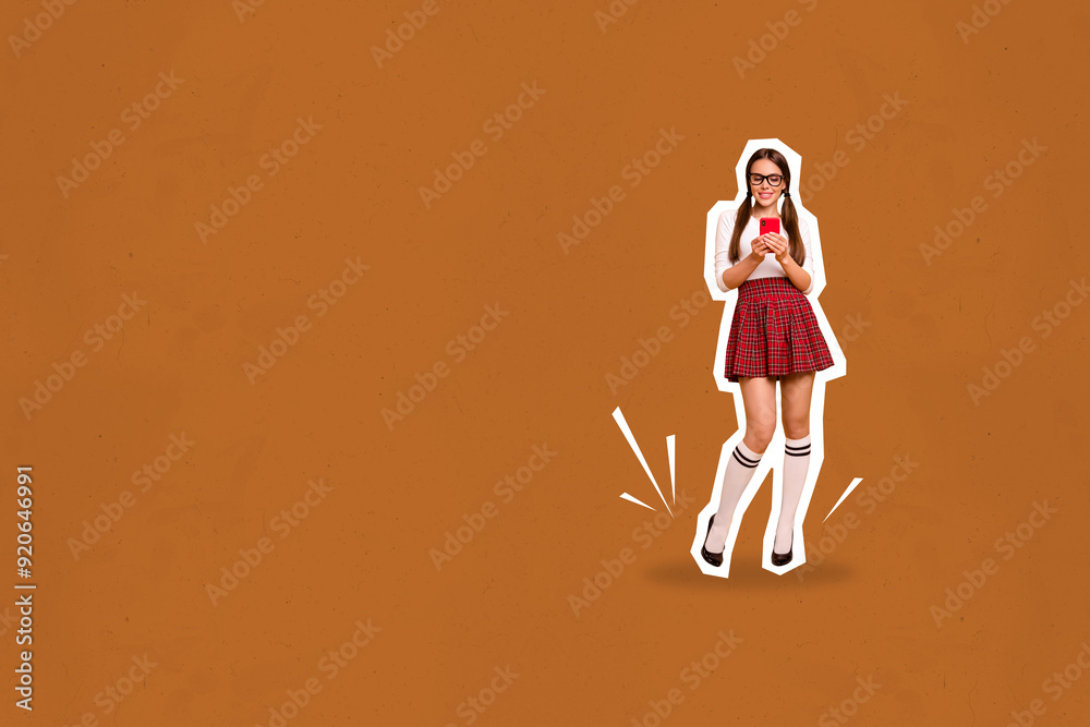 Composite photo collage of happy pretty teen girl student hold phone elearn education college study isolated on painted background Composite photo collage of happy pretty teen girl student hold phone elearn education college study isolated on painted background